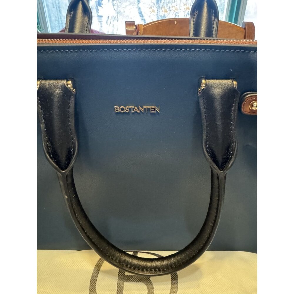 Bostanten Navy Blue Leather Tote Handbag Gold Hardware Adjustable Strap - Picture 2 of 9